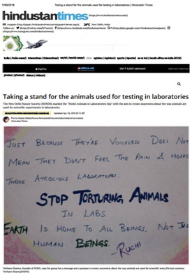 stand against animal testing in laboratories. animal protection awareness program by new delhi nature society.