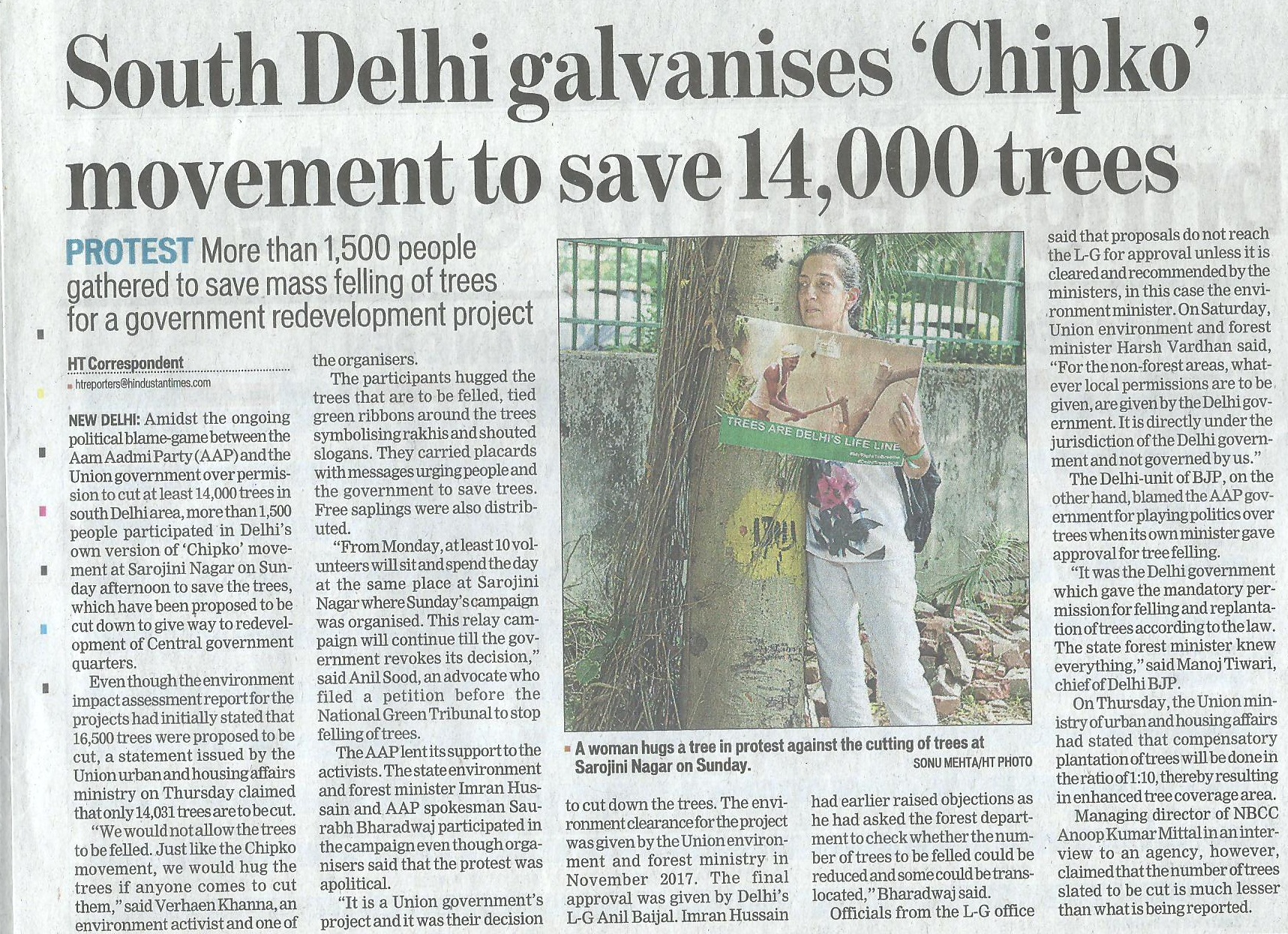 South delhi's chipko movement saved 14000 trees, save trees campaign by new delhi nature society