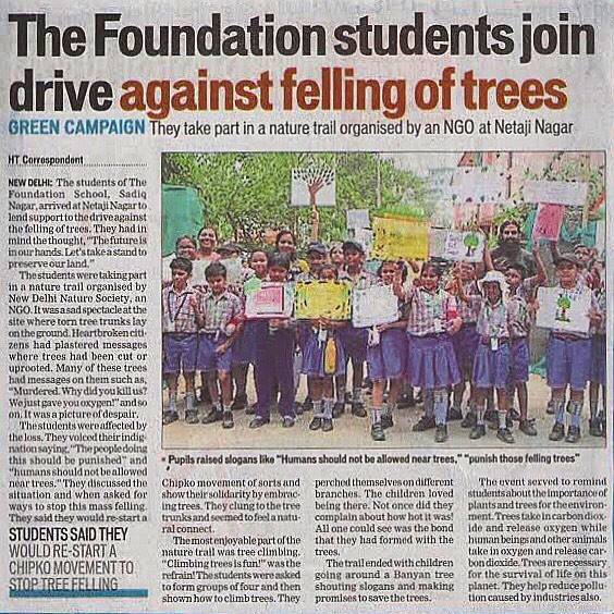 HT foundation school. school students come forward and joinds hands against tree felling. protect environment, new delhi nature society