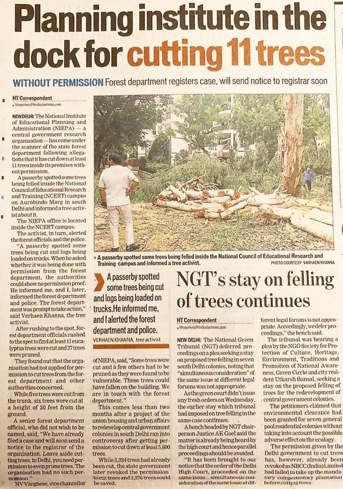 Planning institute cuts down 11 trees. Exposed by media and new delhi nature society